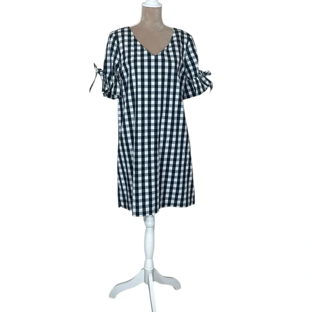 J. Crew Black and White Gingham Tie-Sleeve Mini Dress